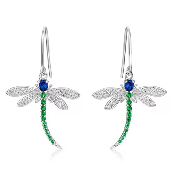 Emerald Green Dragonfly Dangle Earrings - Picture 2 of 10